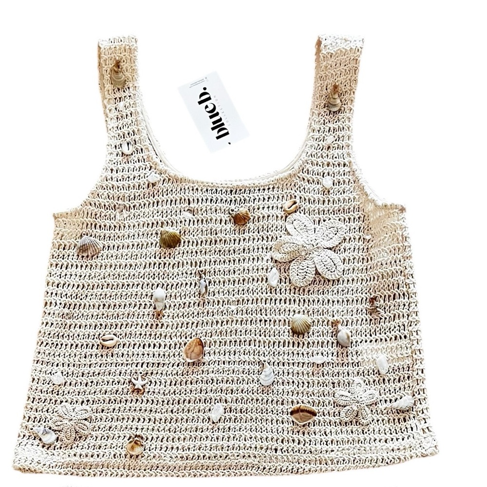NEW blue b Cream Crochet Allover Shell Seashell Crystal Tank Top Mini Skirt Set - Picture 3 of 5